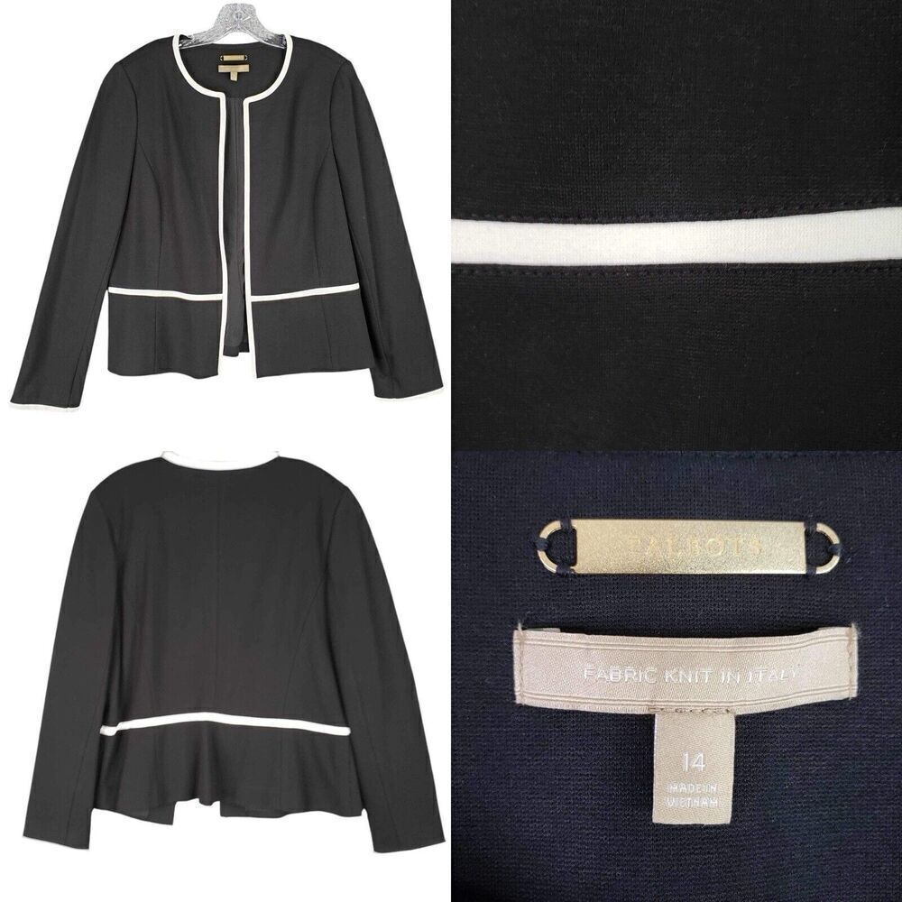 Talbots Blazer Jacket Women’s Size 14 Black Open Front Knit Stretch Lined